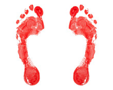 Red Human Footprint White Background Isolated Closeup, Bloody Foot Print Pattern, Barefoot Footstep Silhouette Illustration, Two Bare Feet Stamp, Watercolor Paint Mark, Ink Drawn Imprint, Sign, Symbol
