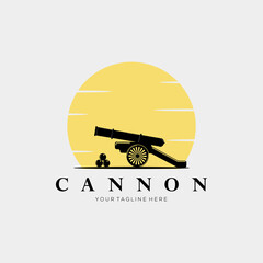 sunset, cannon, and cannonball vintage logo vector illustration design