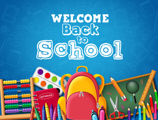 Back to school vector banner design. Welcome back to school text with kids colorful education element like bag, pencil, crayon, color pencil, scissor, and notebook in blue pattern background.