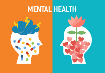 Human head with medicine and red heart psychology or psychotherapy concept. Mental health, mind disorder, brain illness, panic attack, depression or negative thought vector illustration.	
