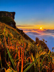 Phu chi fa and mist at sunrise in Chiang rai province,Thailand.