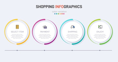 Concept of shopping process with 4 successive steps. Four colorful graphic elements. Timeline design for brochure, presentation, web site. Infographic design layout.