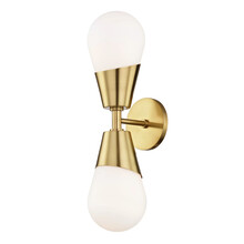 Small 2 Light Ambient Wall Sconce Isolated On White. Chandelier Lighting. Interior Electrical Decoration Light. Modern Electric Light Fixture With Glass Cone Shade Vintage LED Bulb Brushed Brass