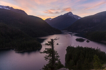 Beautiful landscape view of the sunset from Diablo Lake Overlook in North Cascades National Park (Washington).