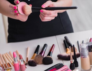 Wall Mural - Collection of make up products displayed on the table