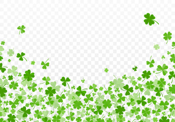 Shamrock or clover leaves flat design green backdrop pattern vector illustration isolated on transparent background. St Patricks Day shamrock symbols decorative elements.