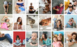 © Pixel-Shot - Collage with different people and animals resting on soft carpets