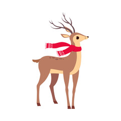 Sticker - Beautiful Christmas Deer Wearing Red Scard, Merry Xmas and New Year, Happy Winter Holidays Concept Cartoon Style Vector Illustration