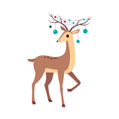  Beautiful Christmas Deer with Garland on its Antlers, Merry Xmas and New Year, Happy Winter Holidays Concept Cartoon Style Vector Illustration