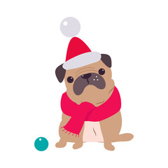 Wall Mural - Funny Pug Dog in Red Santa Hat and Scarf, Symbol of Xmas and New Year, Happy Winter Holidays Concept Cartoon Style Vector Illustration