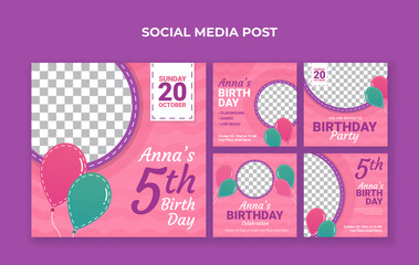 Wall Mural - Kids birthday party social media post template. Suitable for kids birthday invitation or any other kids event