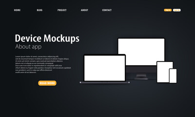 Wall Mural - blank device mock up. realistic smartphone, tablet, laptop, notebook, monitor with blank screen and 