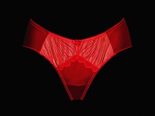 Red Lace Women's Panties On A Black Background.