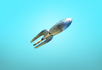 Fototapete - Vintage rocket on a blue background. Old spaceship takes off. Travel to mars concept