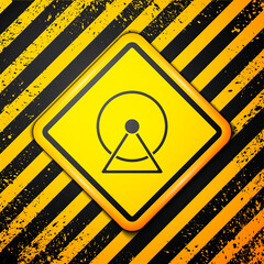 Sticker - Black Hamster wheel icon isolated on yellow background. Wheel for rodents. Pet shop. Warning sign. Vector.