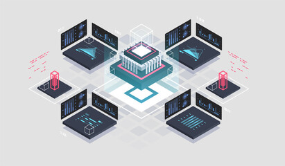 Programming and software development isometric illustration. Artificial intelligence automated process big data processing. Abstract coding development process.
