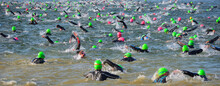 Competitors swimming out into open water at the beginning of Triathlon. 