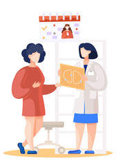 Patient came to medical clinic for consultation with doctor. Medical treatment and healthcare poster, young girl talking to a doctor discussing a lung scan. Clinic appointment meeting with medic