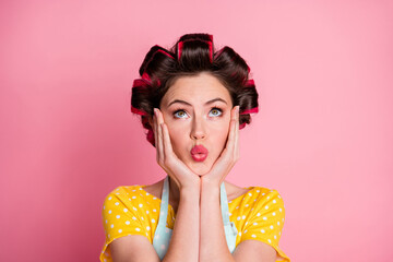 Wall Mural - Close-up portrait of her she nice attractive curious housewife pout lips thinking decision looking up isolated over pink pastel color background