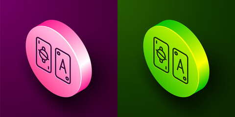 Isometric line Tarot cards icon isolated on purple and green background. Magic occult set of tarot cards. Circle button. Vector.