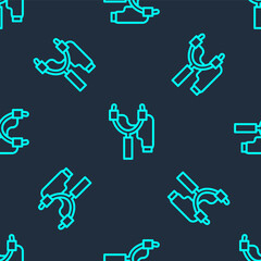 Wall Mural - Green line Slingshot icon isolated seamless pattern on blue background. Vector.