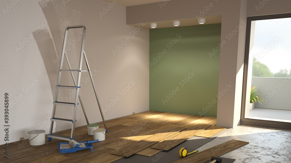 Repair in the modern apartment, empty interior with paints and ladder. 3d illustration - obrazy, fototapety, plakaty 