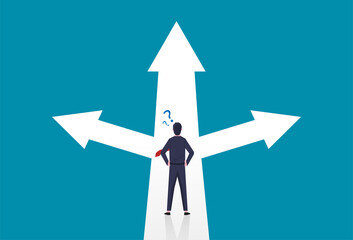 Businessman confused standing at arrows concept. Symbol of career path or opportunities, business concept decision vector illustration