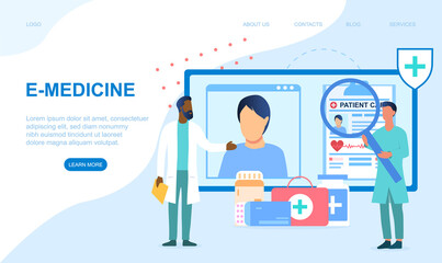 Doctor making diagnosis. Online consultation, medicine, e-medicine concept. Webpage, website or landing page template. Medical Service, Diagnosis, Consultation. Flat cartoon vector illustration