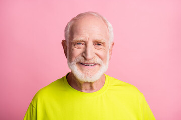 Poster - Close up photo of delighted aged person smile look camera wear lime isolated on pink color background