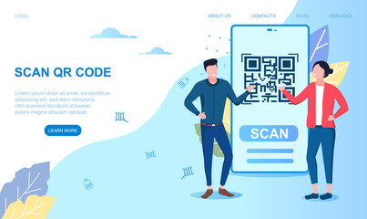 Wall Mural - scanning qr code on mobile phone, smartphone. modern digital technology. scanning quick code. flat c