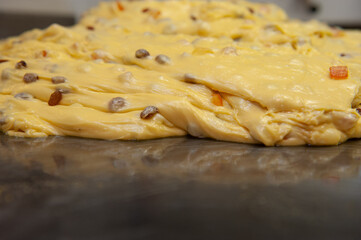 preparation of the typical Italian Christmas cake panettone the dough with the candied fruit is ready