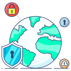 Sticker - 
Globe with padlock and locked shield symbolising network protection icon
