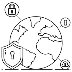 Wall Mural - globe with padlock and locked shield symbolising network protection icon