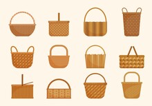 Ethnic Wicker Baskets Set. Large Volumes And Small Basket For Berries Yellow Knapsacks In Decorative Tracery Traditional Straw Products Rustic Retro Designs Ethnic Texture. Cartoon Vector.