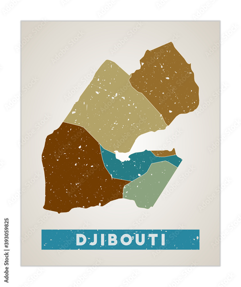Djibouti map. Country poster with regions. Old grunge texture. Shape of ...