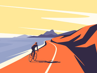 Sticker - Vector illustration of a cyclist riding along the ocean mountain road