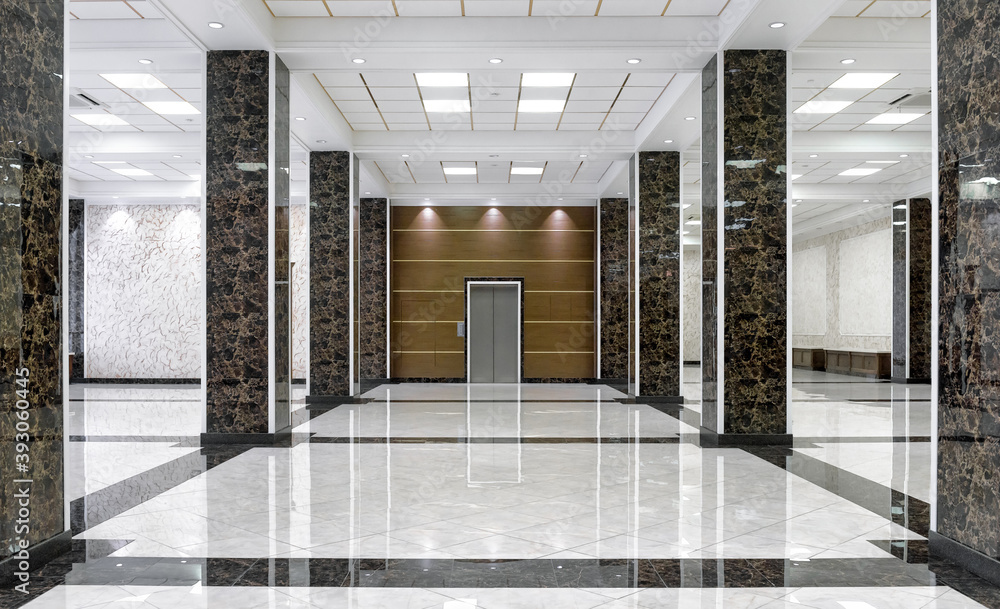 Clean floor in commercial lobby, marble shiny tiles in office hall - obrazy, fototapety, plakaty 