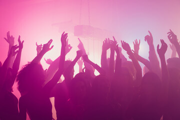 Sticker - Photo of gathering careless dance have fun party raise hands wear trendy outfit modern club indoors