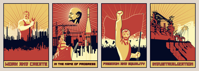 Wall Mural - Old Soviet Propaganda Posters Style, Labor, Revolution, Progress