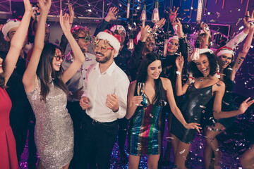 Wall Mural - Photo of people party bearded man flirt with pretty lady wear santa spectacles cap stylish outfit modern club indoors