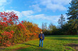 © soleg - portrait of a man posing in autumn park, bright colorful leaves as background