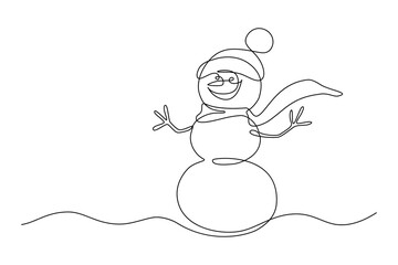 Wall Mural - Cute smiling snowman in continuous line art drawing style. Black line sketch on white background. Vector illustration