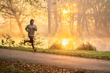 Wall Mural - Runner in the park during autumn fall sunny morning