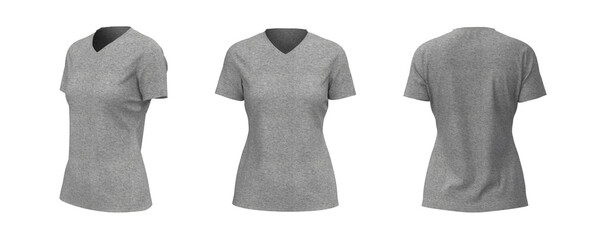 Sticker - Women's v-neck t-shirt mockup, front, side and back views, design presentation for print, 3d illustration, 3d rendering