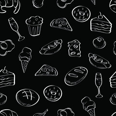 Wall Mural - food, tasty, hand drawn chalk vector seamless pattern on dark background. Concept for wallpaper, wrapping paper, cards, menu