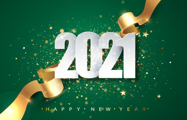 Wall Mural - 2021Green Christmas, New Year background . Greeting card or poster with happy new year 2021 with gold glitter and shine. Vector illustration for web