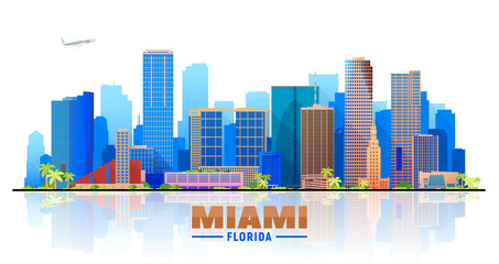 Sticker - Miami Florida skyline with panorama in white background. Vector Illustration. Business travel and tourism concept with modern buildings. Image for banner or web site.