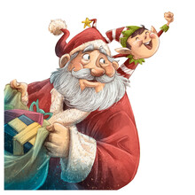 Santa Claus At Christmas With Elf And Gifts