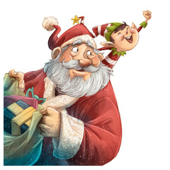 Santa Claus at christmas with elf and gifts