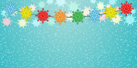 Wall Mural - Festive background illustration with garlands in the form of viruses on a blue winter background with snowflakes.
